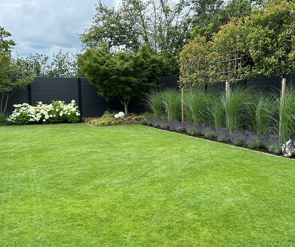 Gepflegter Garten mit saftig Grünem Rasen.